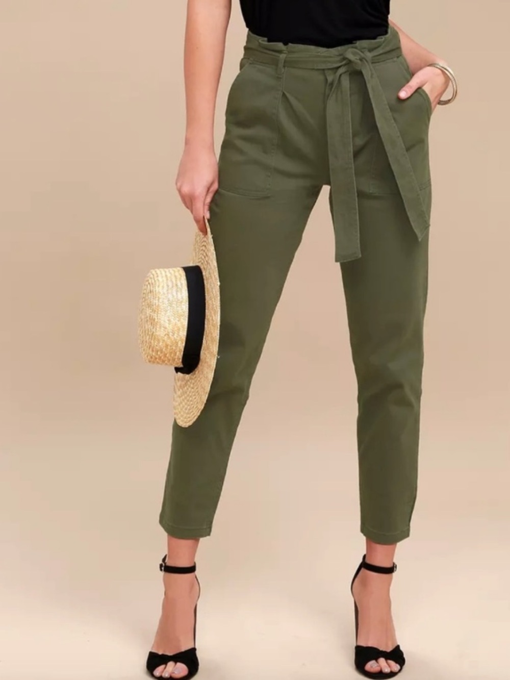Lulus High-Rise Olive Tie-Waist Pants medium